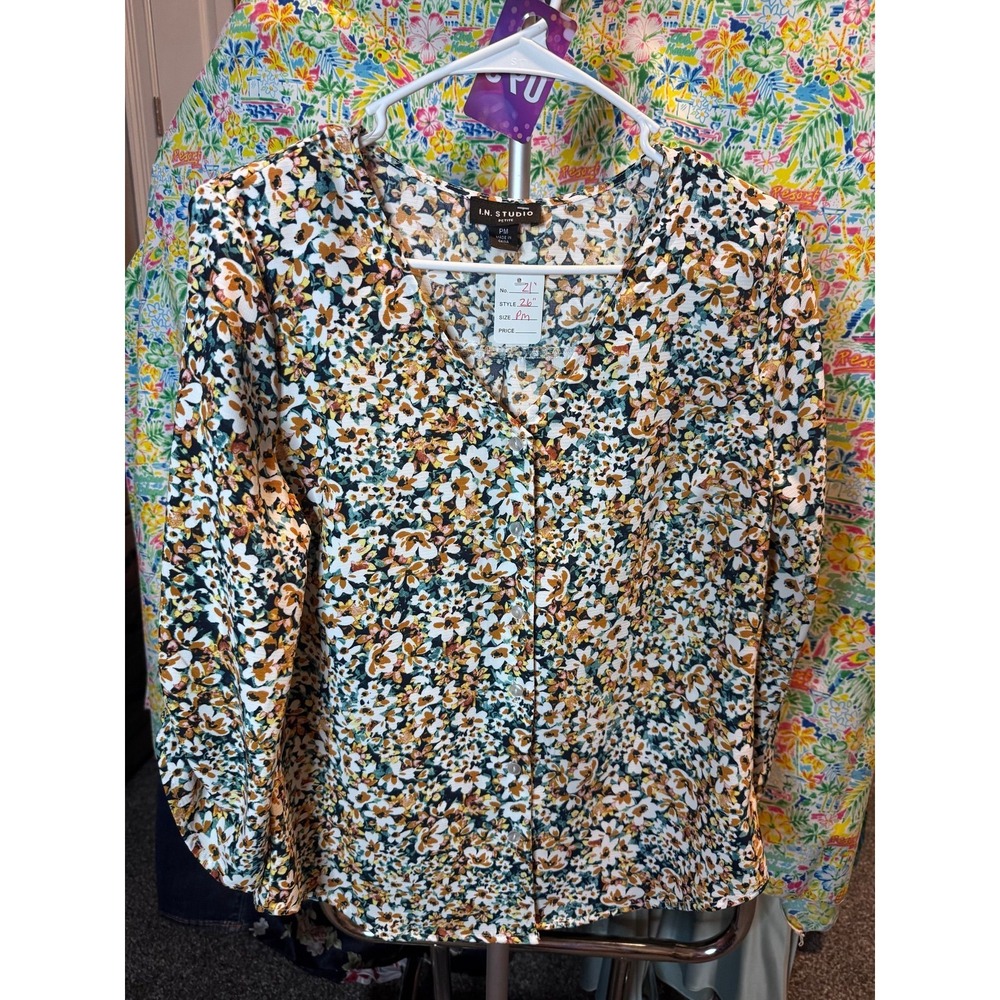 093 I.N. Studio Medium Floral Button Front Blouse Ruched Sleeve Multicolor PM